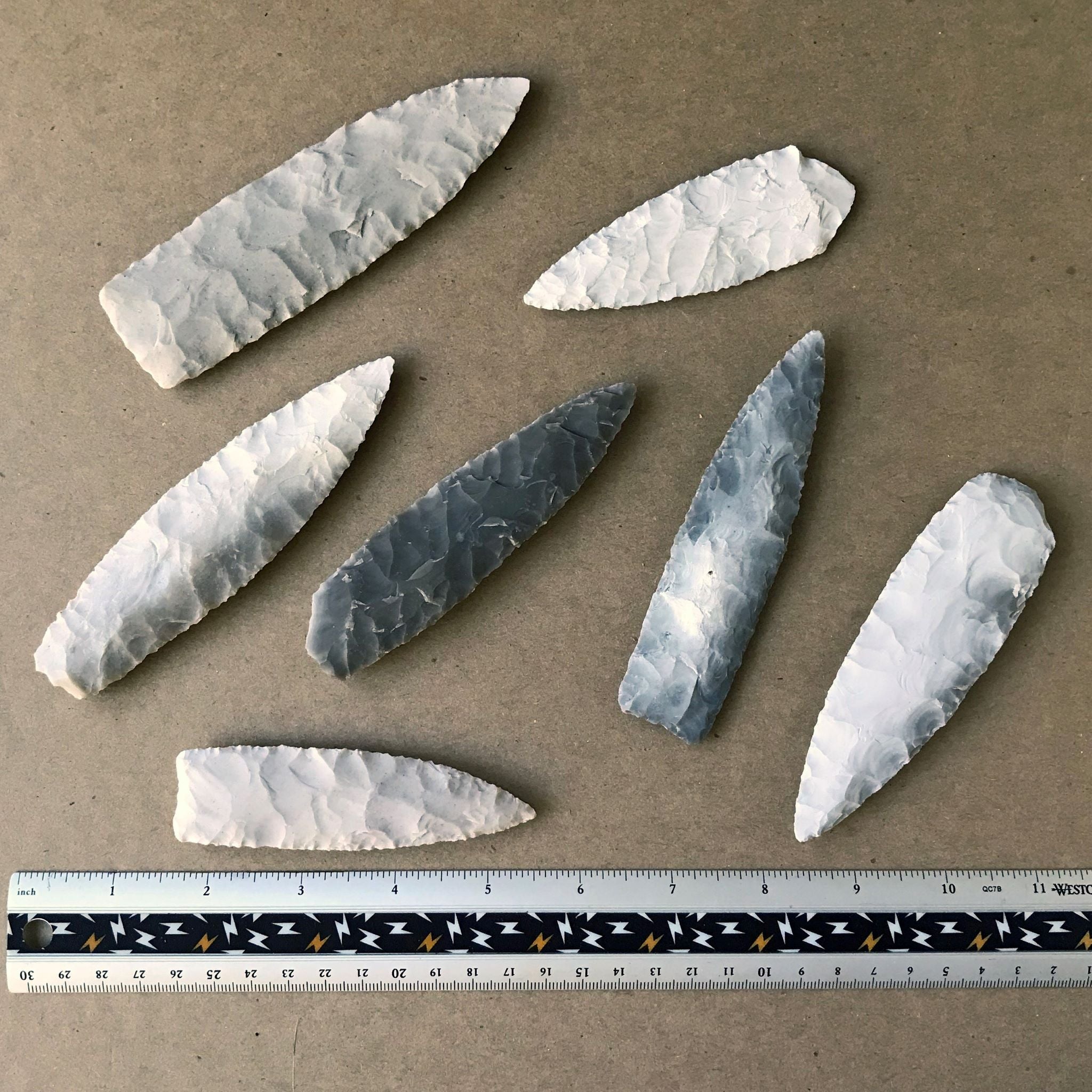 Grey & off-white flint straight blades for knife, spear, lance
