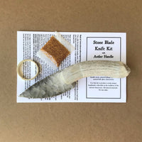 Flint blade with antler handle knife kit, rawhide strip, glue, instructions, label