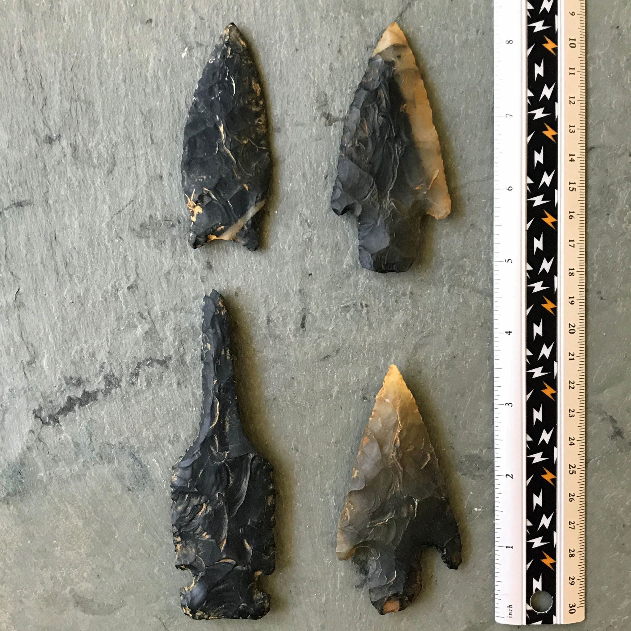 Antiqued Replica Knapped Black Novaculite Point Assortment - Lot of 4