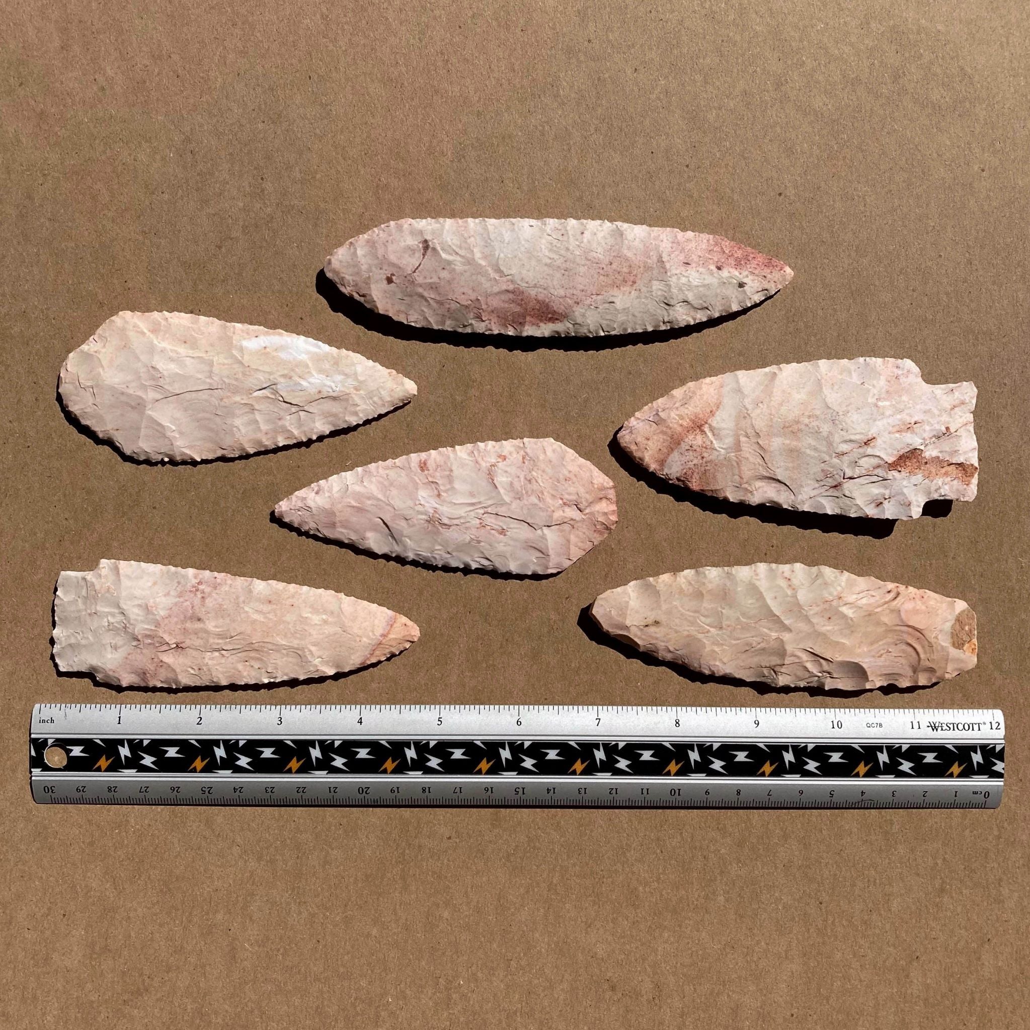peachy-pink keokuk chert straight knife blades, spear points, lance blades
