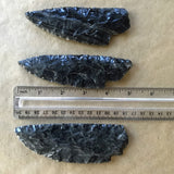 3 black sheen obsidian blades with ruler