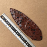 Mahogany lance blade, spearhead on a brown background with a ruler for scale.