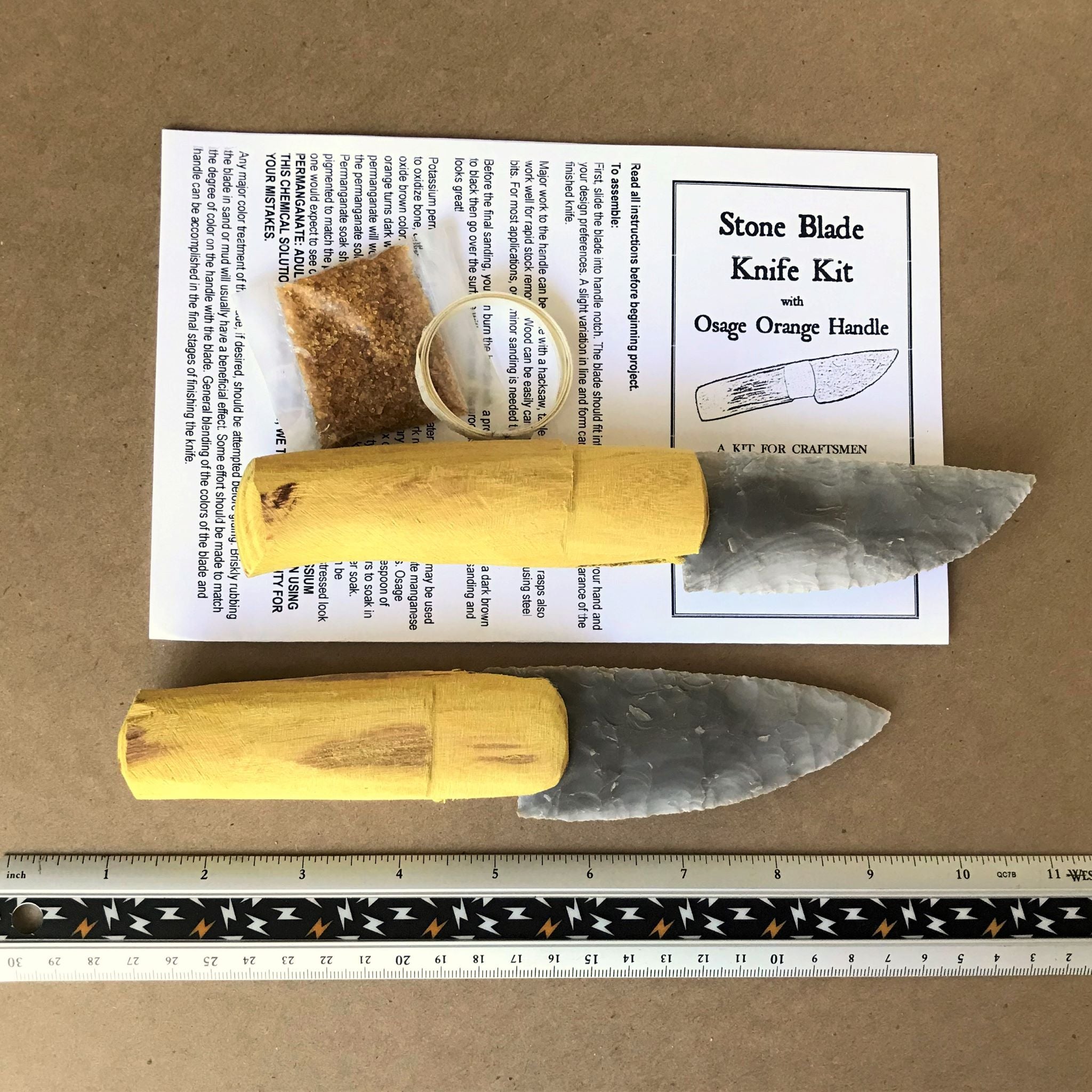 2 stone knife kits with Osage Orange handle, glue, hafting strip, label, instrucitons