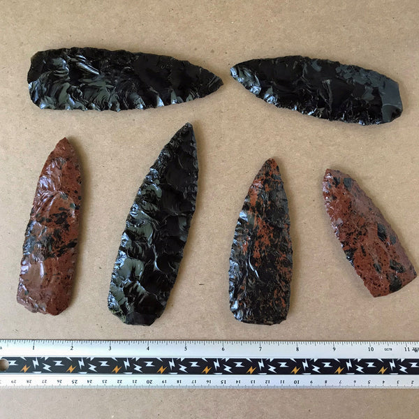 6 knapped black obsidian & mahogany obsidian knife blades