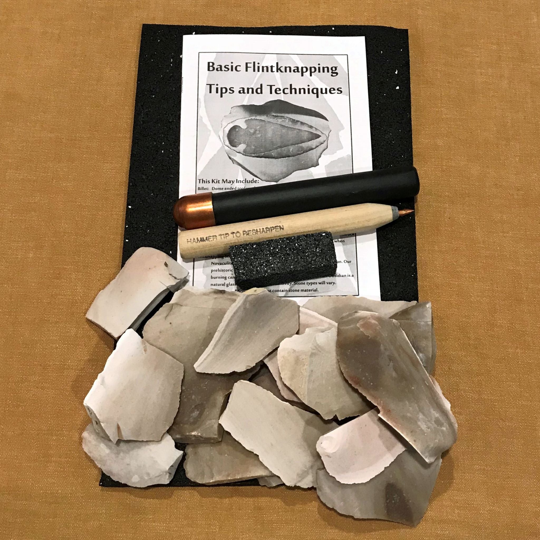 Kit contains select stone, flintknapping tools, instructions