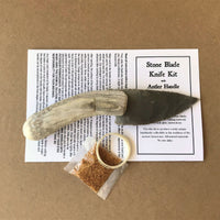 Stone blade with antler handle knife kit, glue, rawhide strip, label & instructions