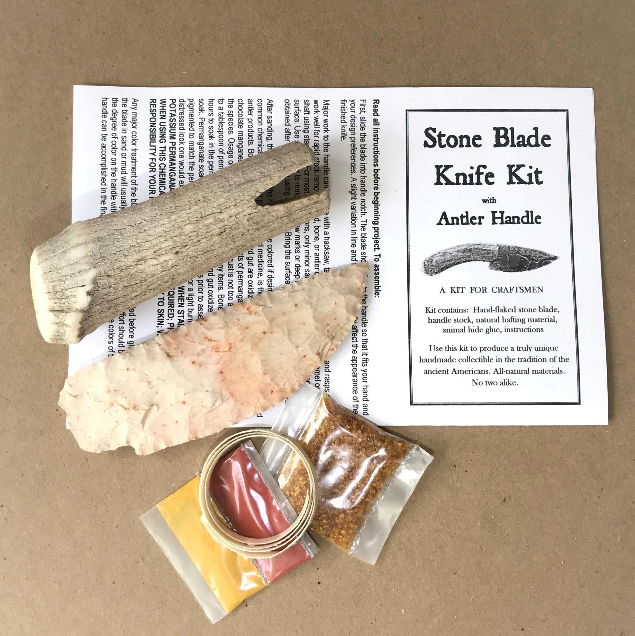 Knapped deluxe stone antler knife kit with kit contents
