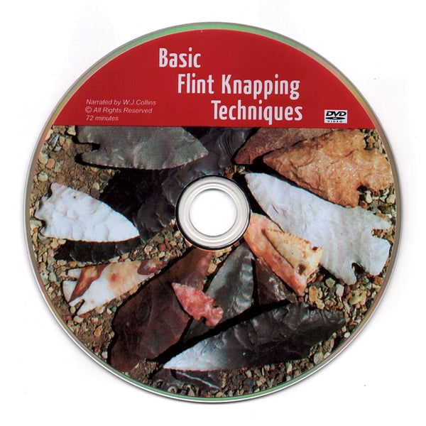 Basic Flint Knapping Techniques instructional DVD label featuring an array of knapped stone points