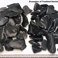 Dacite rock tumbling rough material with examples of polished tumbled dacite