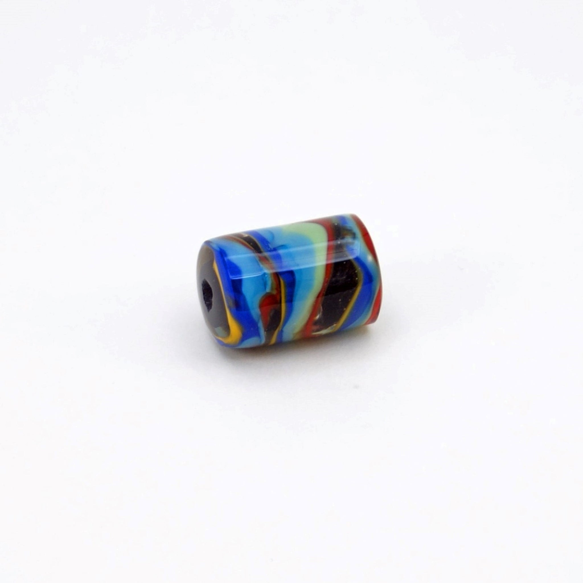 Vibrant blue, red, & yellow swirls on core of black glass lampwork bead