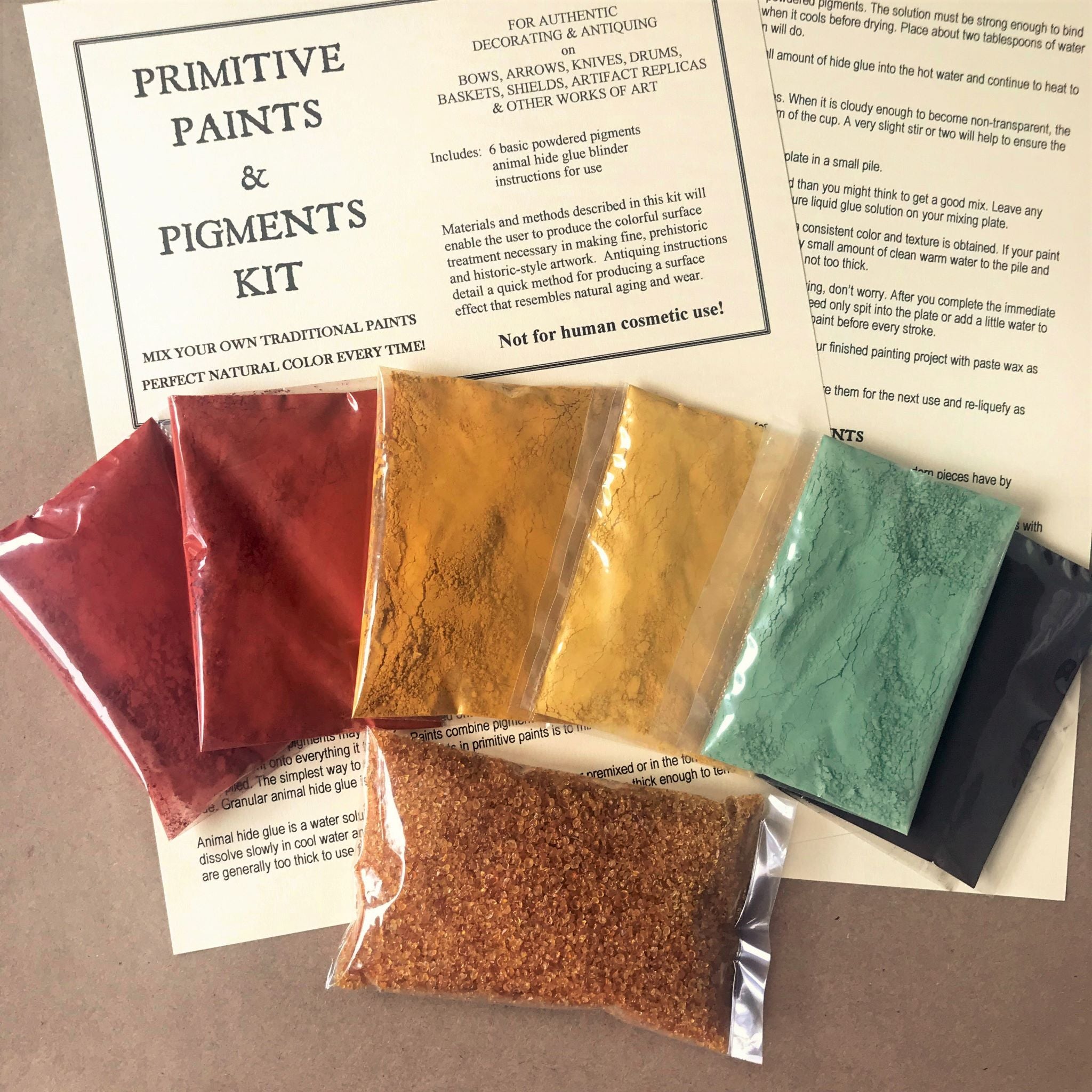 Primitive Paints & Pigments Kit: 6 powdered pigments, hide glue, instructions & label 